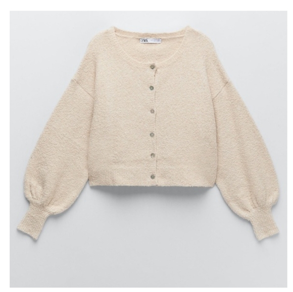 Zara Ecru Knit Cardigan Puff Sleeve Beige Size S - Picture 2 of 7